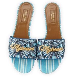 AQUAZZURA Mykonos Shell-Print Slide Sandals Blue Pattern Bright Travel Slides 41